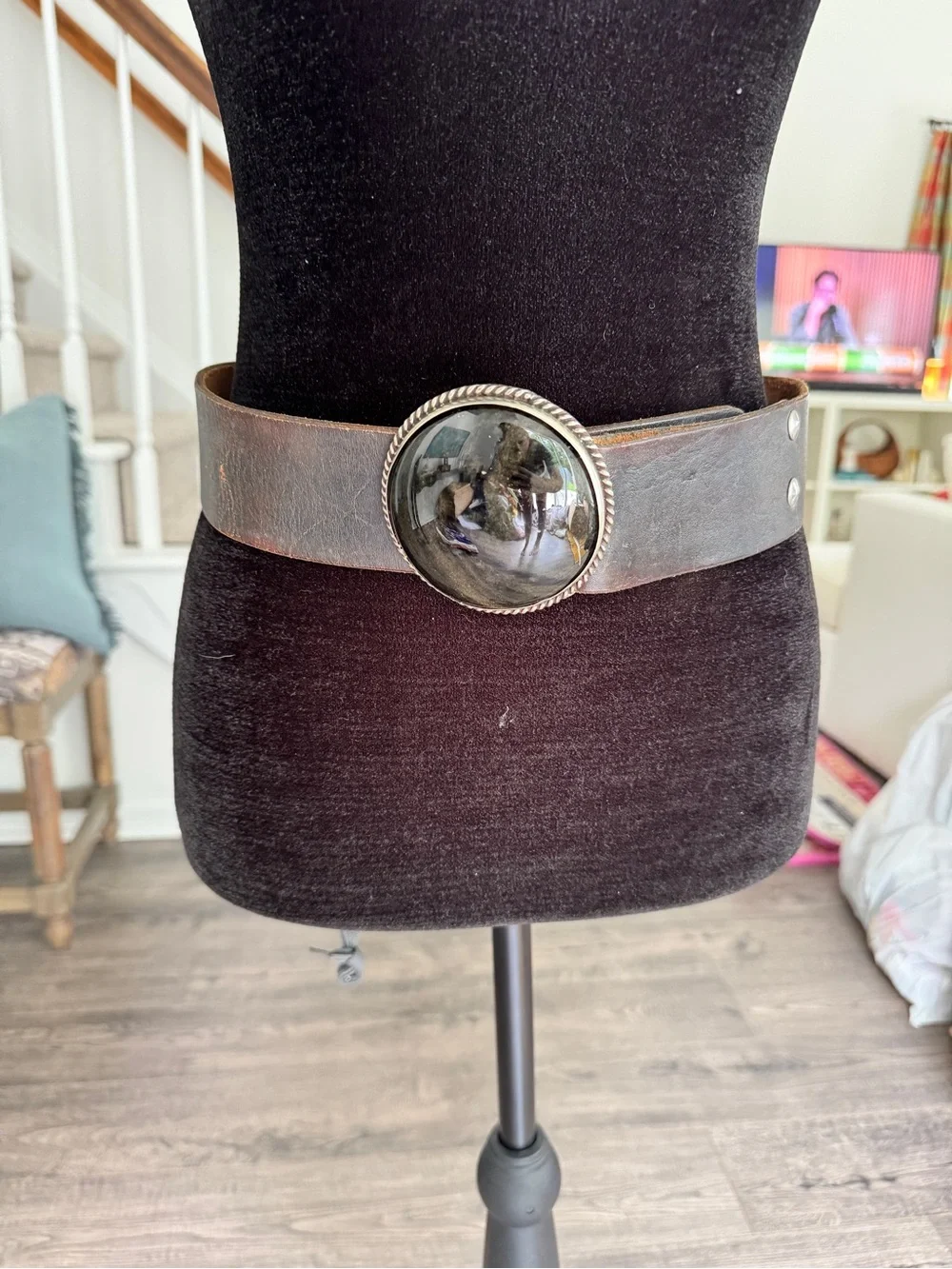 Wide Brown Leather Belt with Large Stone Buckle